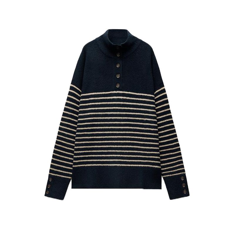Fall and Winter New Women's Clothing Fashion Wind Decorated Row Button Stripes Stand Collar Long Sleeves Knitwear Sweater 1509107