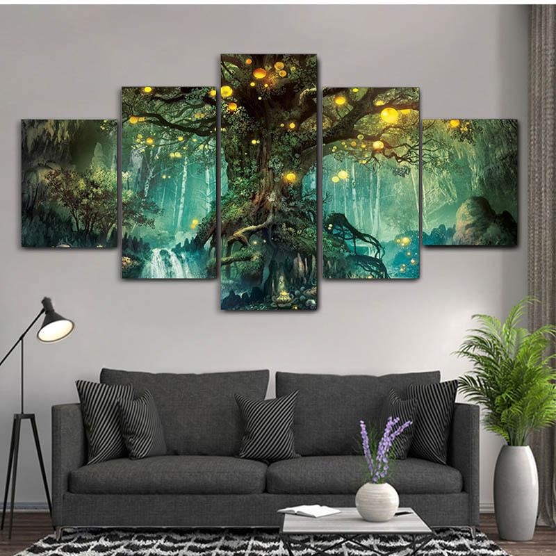 

5 панелей Пейзаж Холст Картина Волшебный лес Дерево Фотографии Плакаты и принты для гостиной Домашний настенный художественный декор без рамки