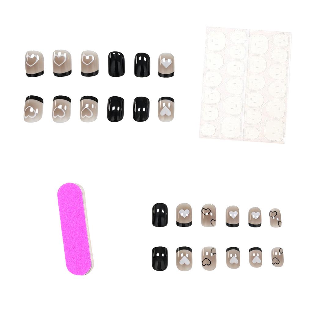 24 Pieces Of Manicure Black French Gray Brown Smudge Love Sweet And Cool Contrasting Color Short Square Wearing Armor