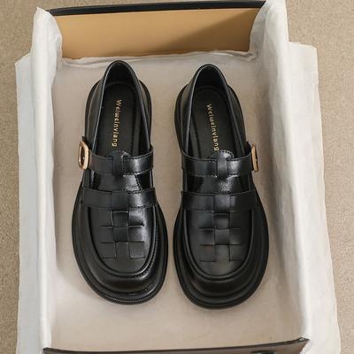 Thick Bottomed Loafers Female Retro British Style Black Small Leather Shoes Thick with Soft Bottom Single Shoes Female