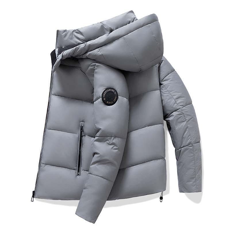 Mens Winter Short Puffer Jacket With Stand Collar Warm White Duck Down Hooded Casual Loose Fit Couples