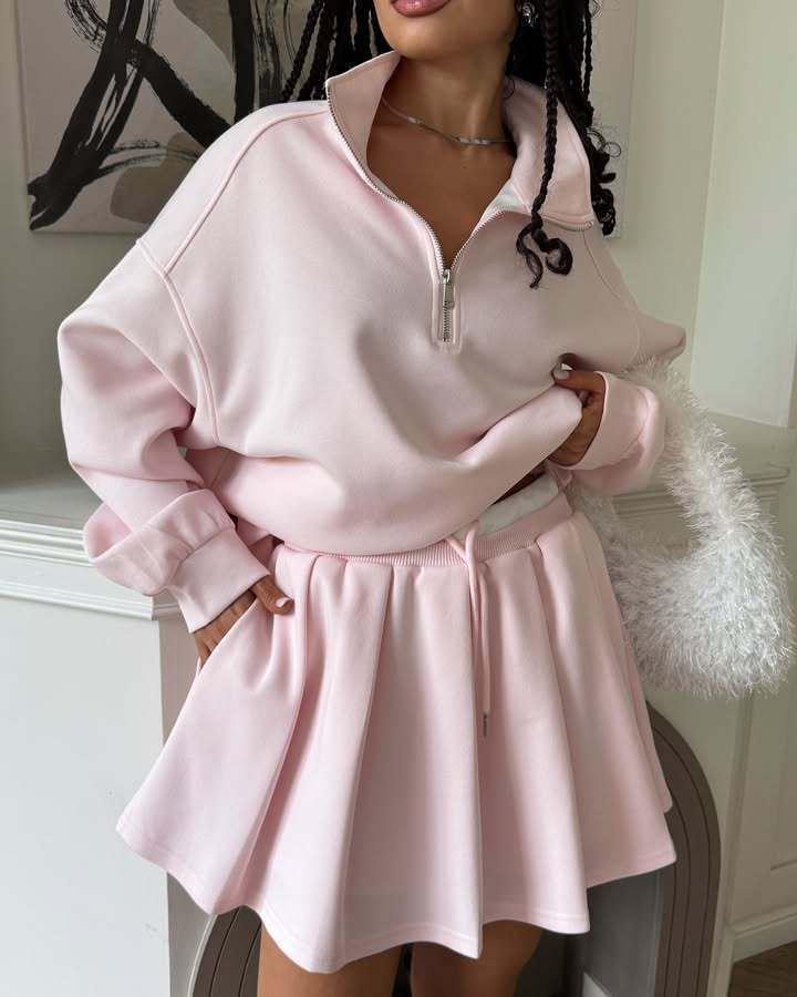 

Европейский и американский спортивный костюм-двойка с воротником-стойкой и молнией, женская повседневная мода с юбкой на кулиске Extra Large розовый