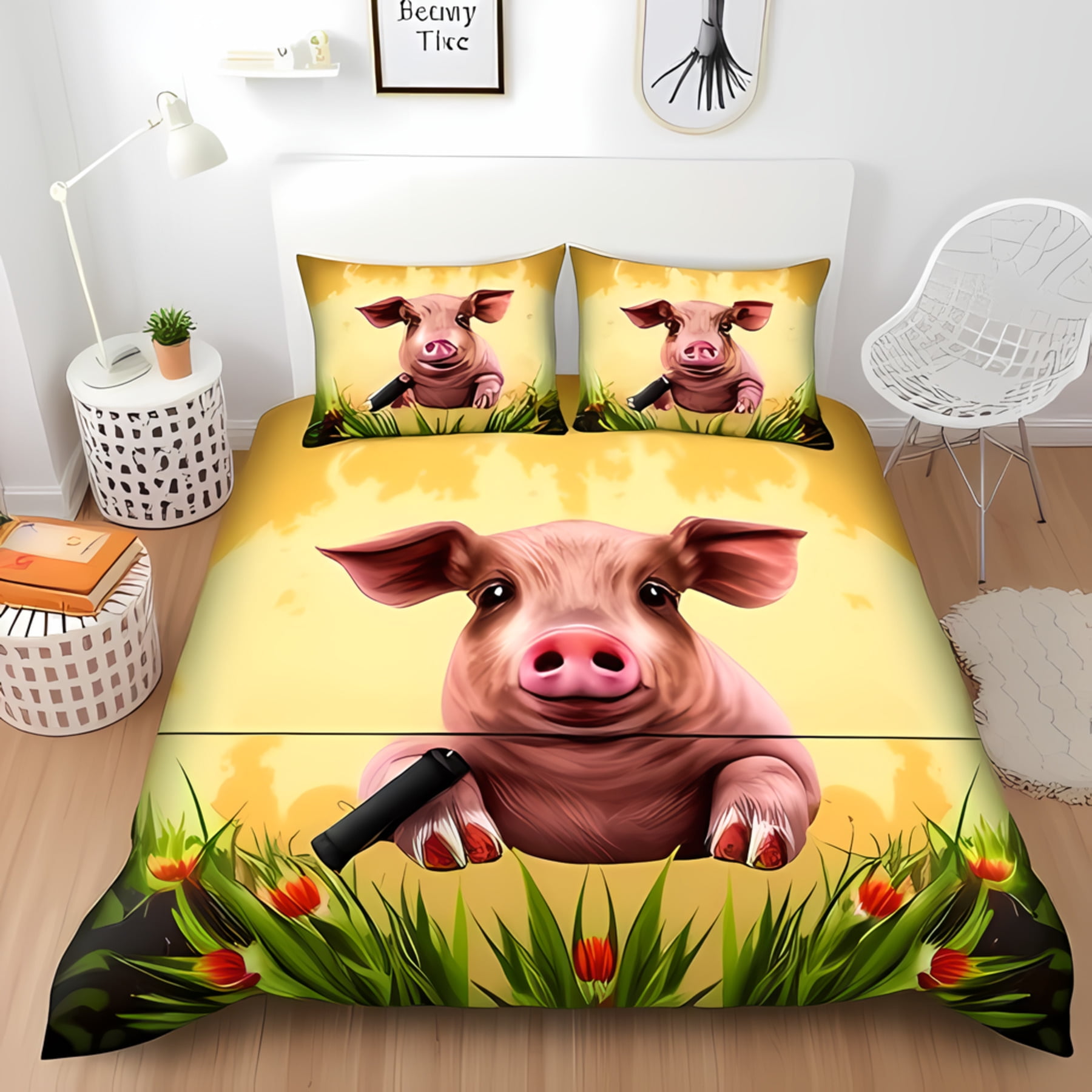 

Soft Duvet Cover Set Navy Floral Design featuring Lovely Carton Pigs Geometric Border Suitable Children Kids plus Adult Peoples Soft Breathable 120*200cm Single