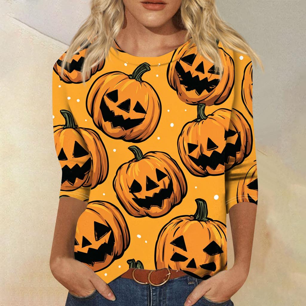 Damenmode Lässig Rundhals Dreiviertelarm Halloween Bedrucktes T-Shirt Top