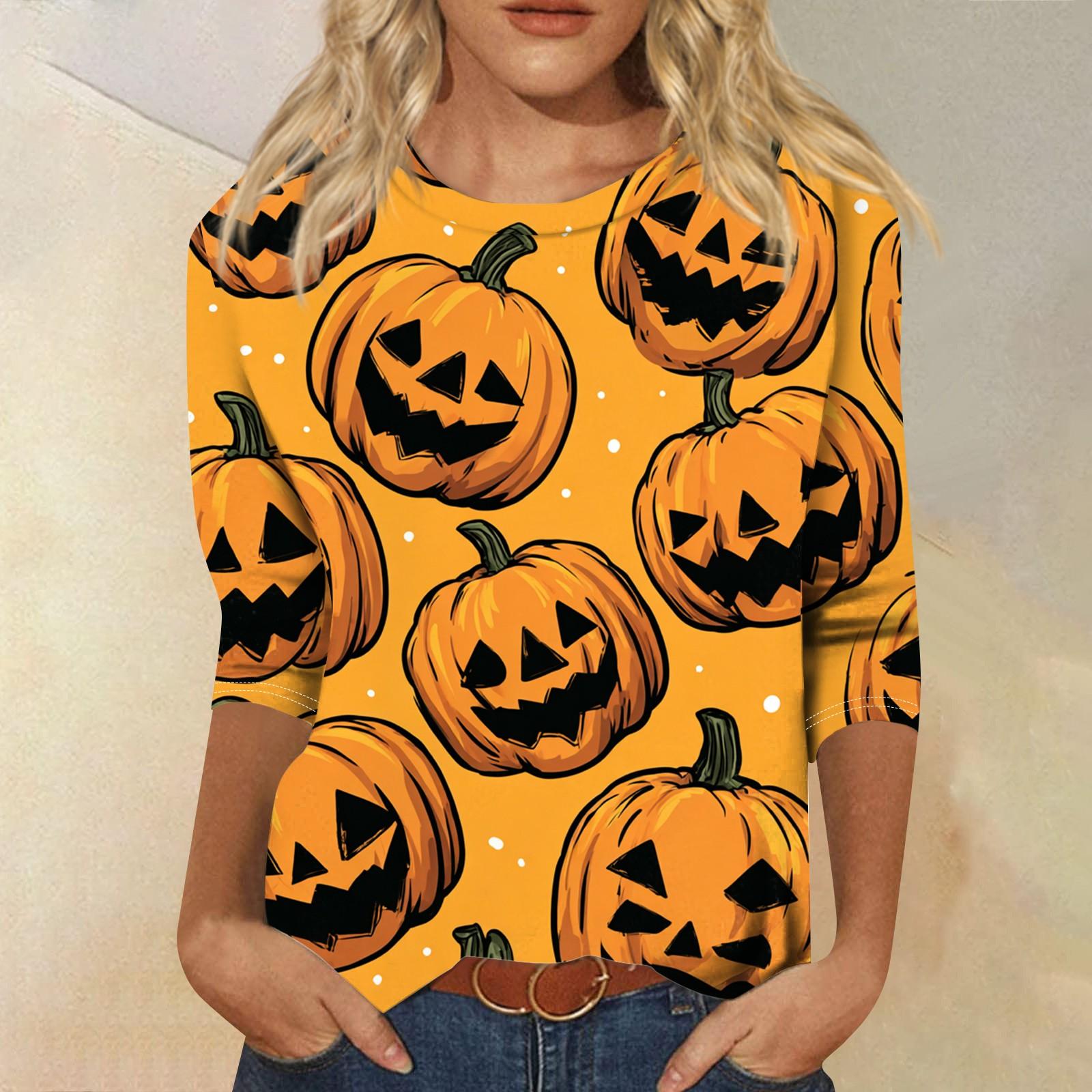 

Women s Fashion Casual Round Neck Three-quarter Sleeve Halloween Printed T-shirt Top XXXL помаранчевий