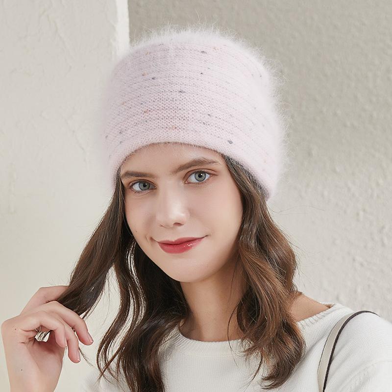 RTS Stock Winter Womens Knit Hats Angola Wool Warm Knitted Beanie Custom Colored Thread Ski Hat Fluffy Skull Hat