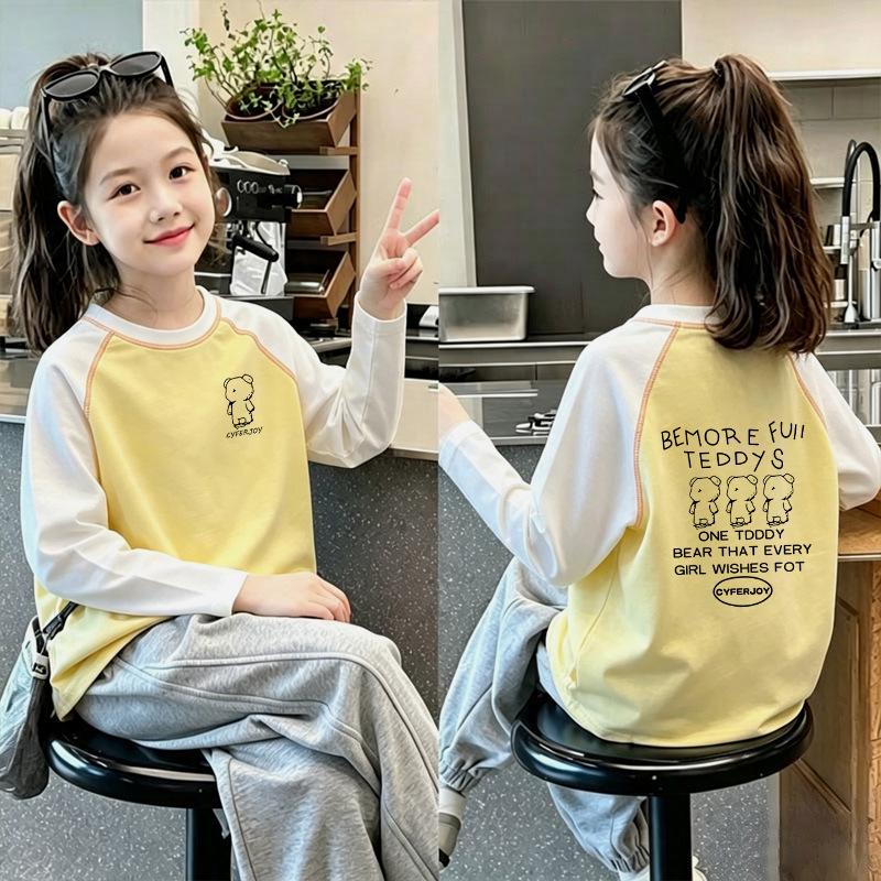 Korean Style Girls' Color Block Long Sleeve T-shirt, 2026 Spring/Autumn, Medium & Large Sizes, Casual Pure Cotton Base Layer