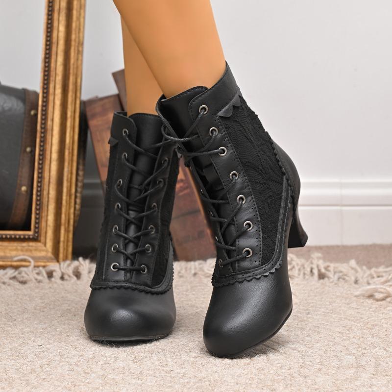 Block Heel Booties Autumn New Round Toe Lace Lace-Up Soft Sole Anti-Slip Wear-Resistant Fashion Boots