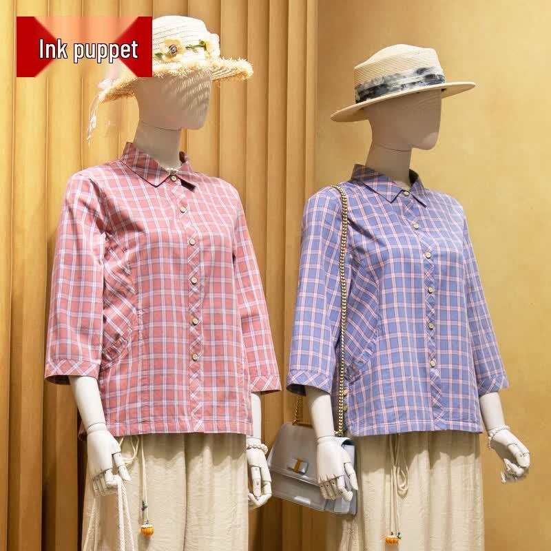 Women s Cotton Plaid Nine-Quarter Sleeve Shirt 3XL