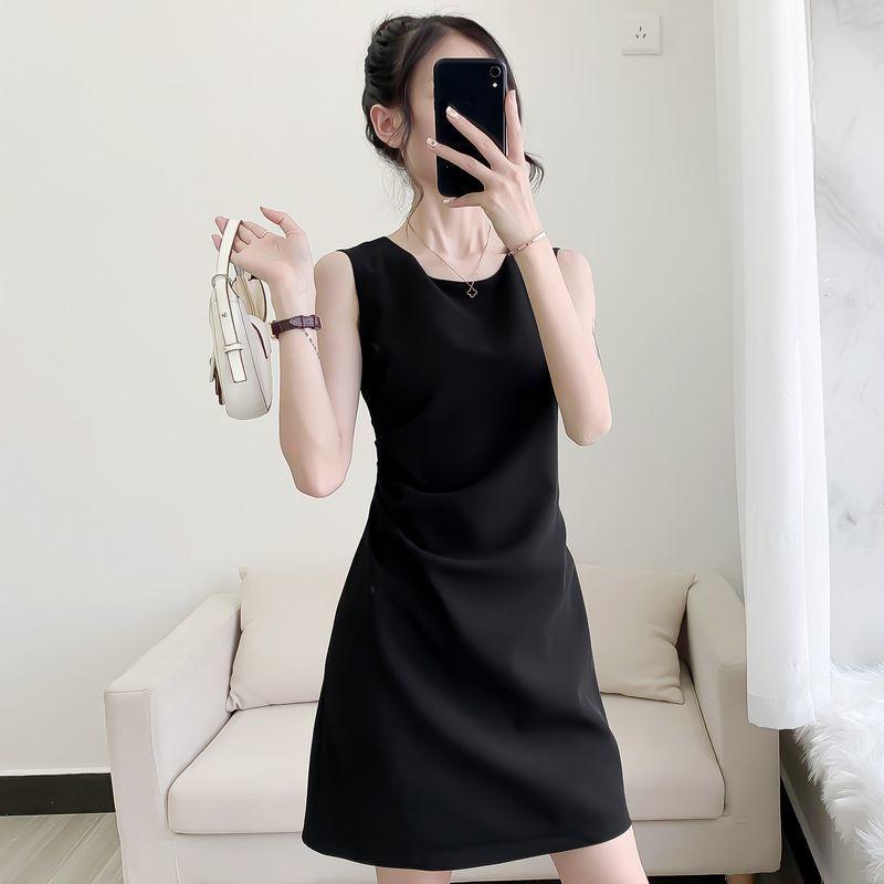 Abito Estivo da Donna Senza Maniche con Pieghe - Scollo Rotondo, Lunghezza Media, Vestibilità Slim, Elegante Stile OL