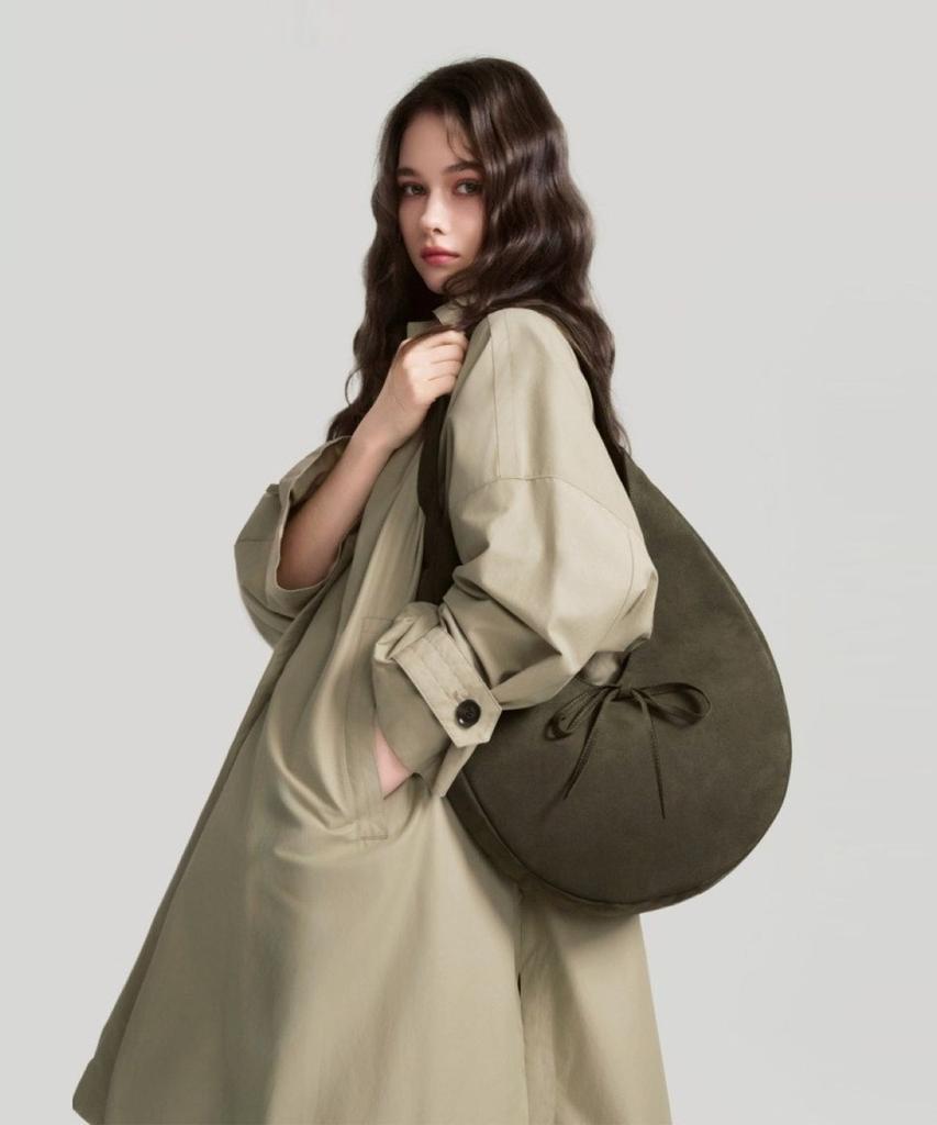 Bowtique Crescent Suede Hobo Bag_Khaki