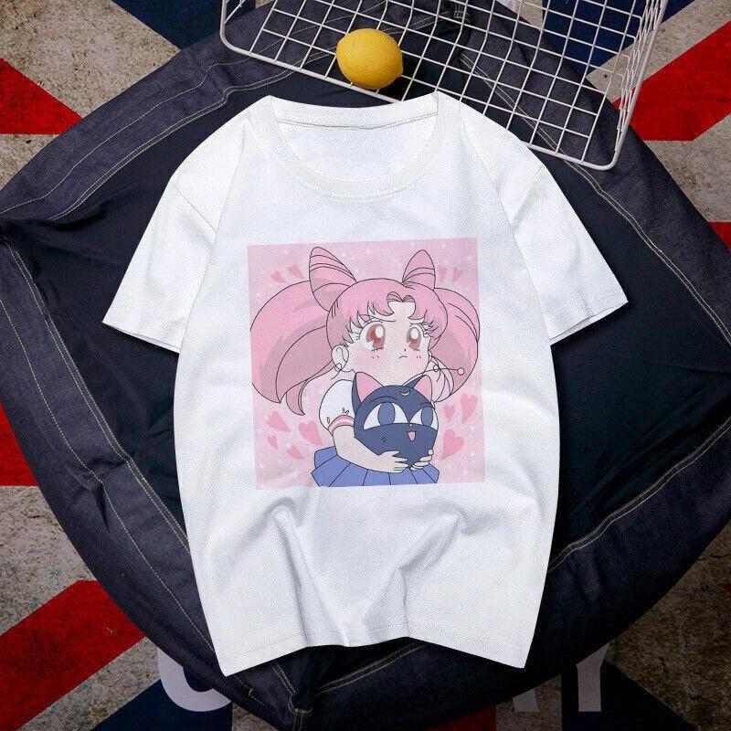 90s Anime Sailor Moon Retro Graphic T Shirt Summer Cotton Unisex Women Tee Streetwear Casual Trend Short Sleeve Hip Hop Top