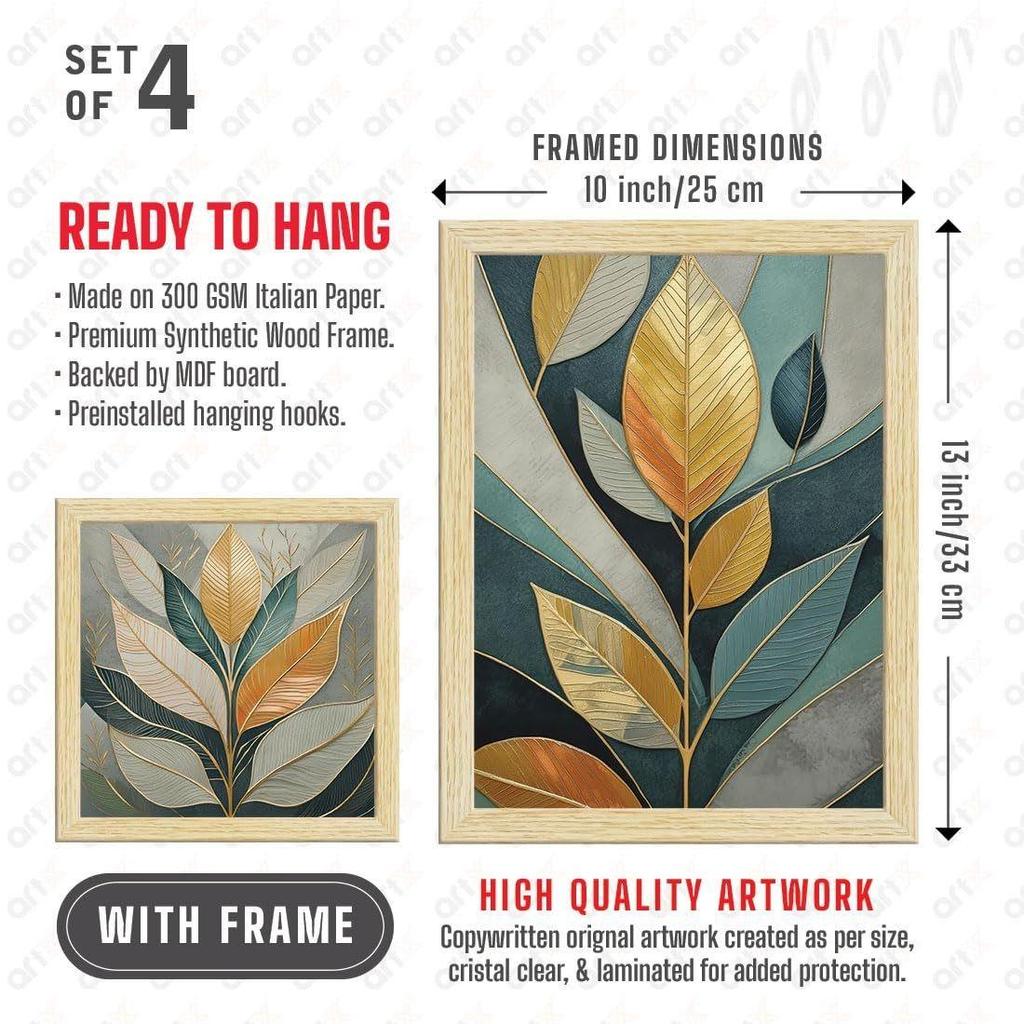 Paper Golden Leaves Botanical Art Paintings With Frame for Home Decor, Wall Painting for Living Room, Multicolor, Set of 4
