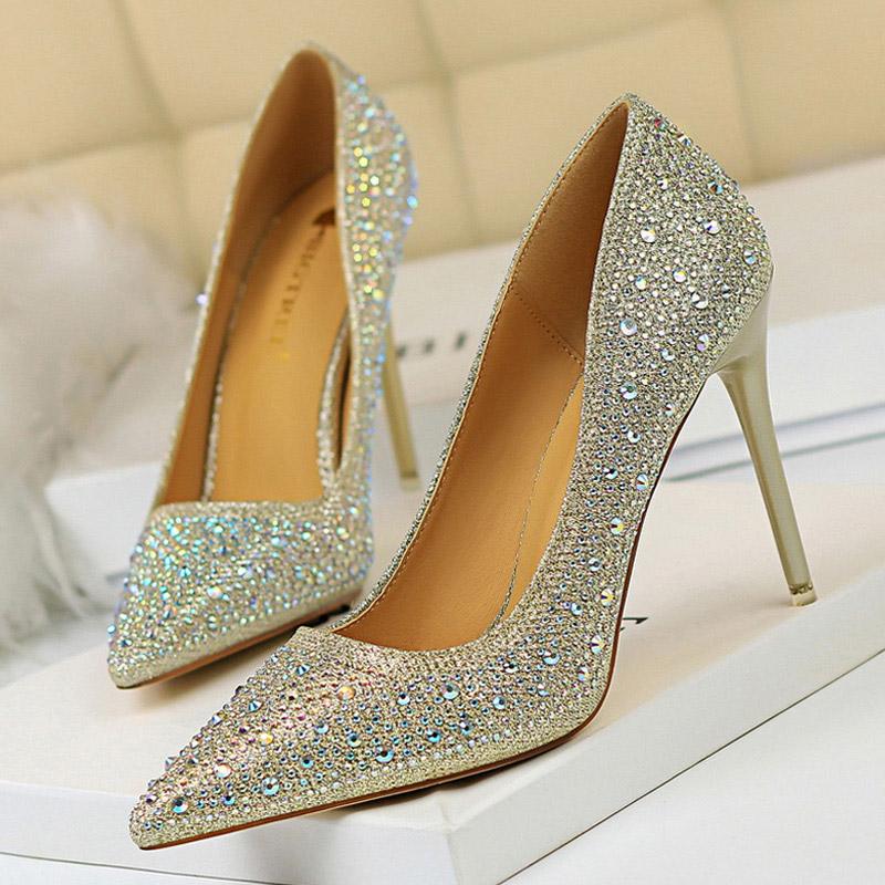 

BIGTREE Shoes Rhinestone Woman Pumps Wedding Shoes Women Basic Pump Stiletto Heels 10cm 7cm Heeled Shoes High Heels 34
