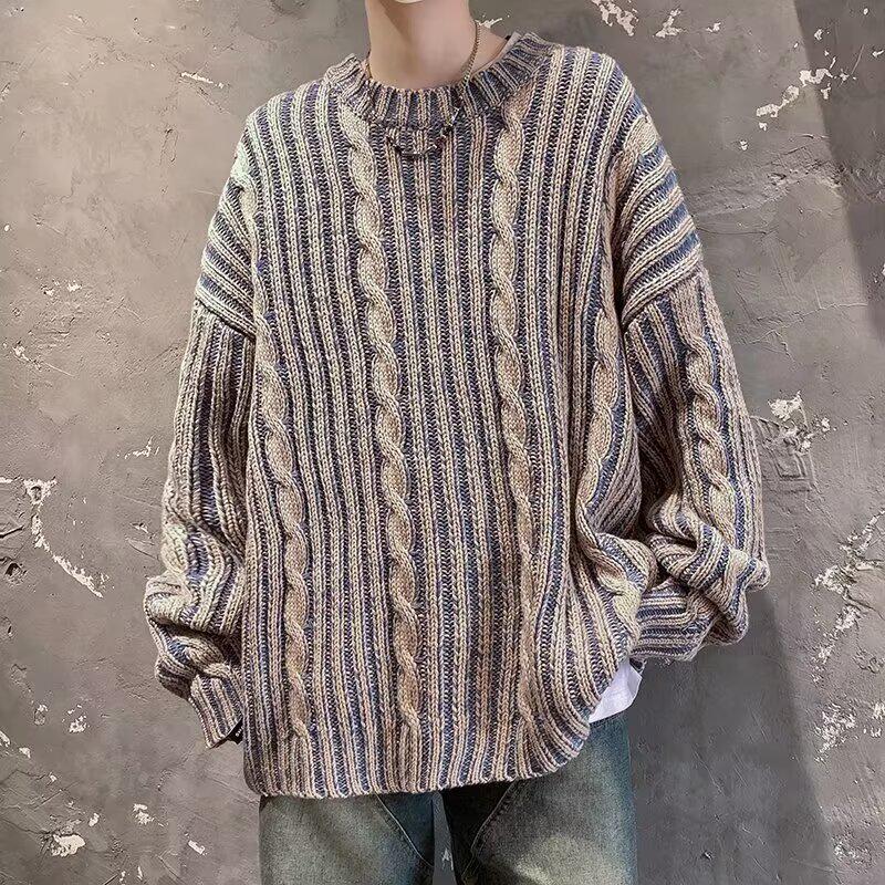 Men s Thickened Striped Jacquard Sweater - Retro American Style XL [65-70 kg]