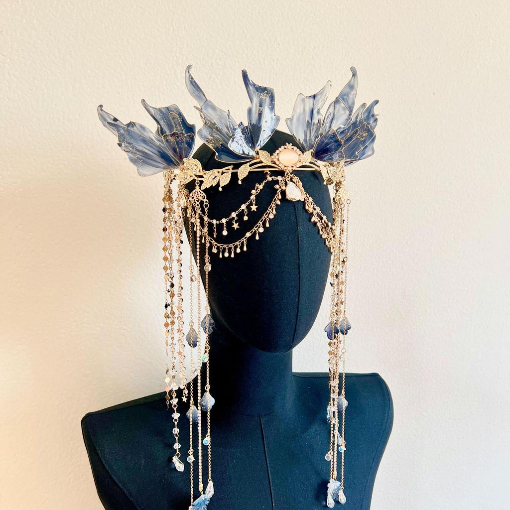 Ancient Xianxia Blue and Black Hanfu Hairpin and Gold Tassel Crown Set for Film and Photography