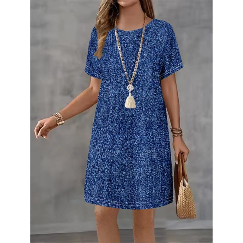 Women Dress Vintage Denim Blue Print Design Sense Fashion New Summer Elegant Casual Short Sleeve Dress Loose Women A-Line Dress