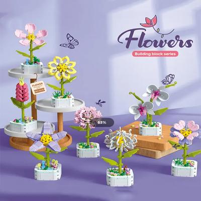 Plant Potted Building Blocks Peach Azalea Bouquet Creative Desktop Decoration Ornaments Children DIY Toys Holiday Gifts