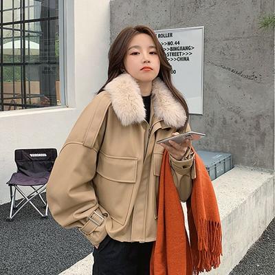 Pie Overcome Leather Jacket Women's Clothing Autumn and Winter New Fur Integrated Fleece Thickened Small Short