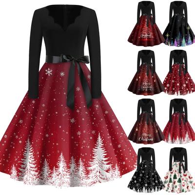 Christmas Print Flare Dress For Women Long Sleeve Dress Hollow Party Casual Dresses
