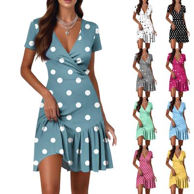 Women's Casual Fashion V-Neck Short Sleeve Patchwork Polka Dot Print Dresses