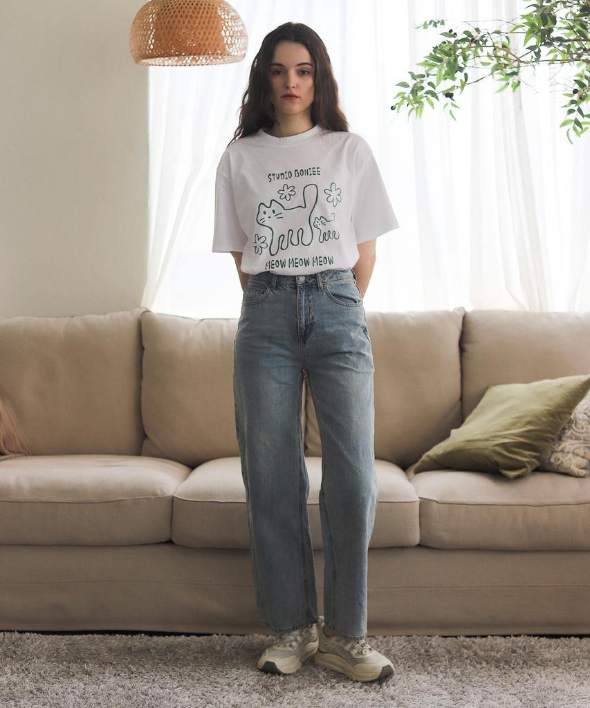 BONIEE Meow Cat Kitten Graphic Loose Oversized T-Shirt White