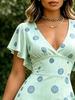 French Style Mint Green Stripe Blue Polka Dot Print V-Neck Dress, High Waist Elegant Maxi with Flutter Sleeves for Daily & Date