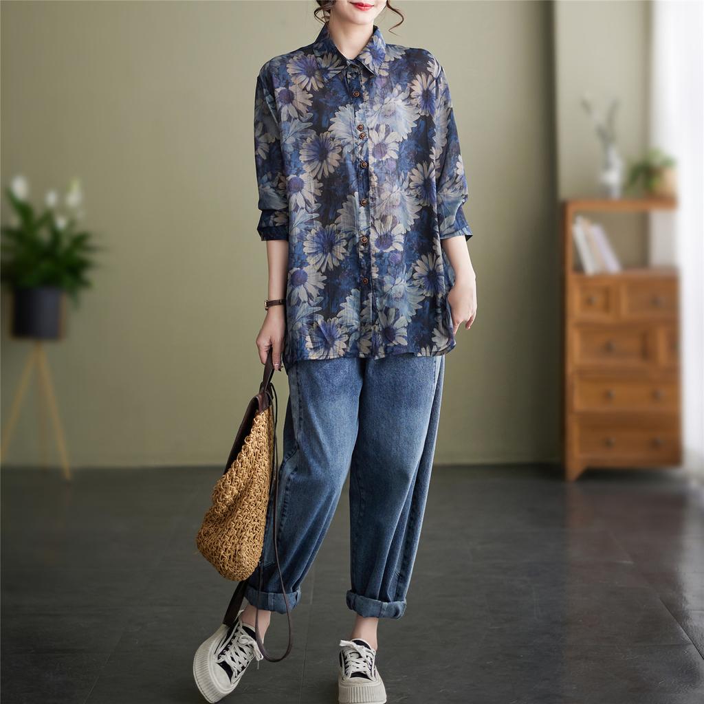 Women Casual Loose Long Sleeve Printed Fashion Shirt Slimming Daily Base Top