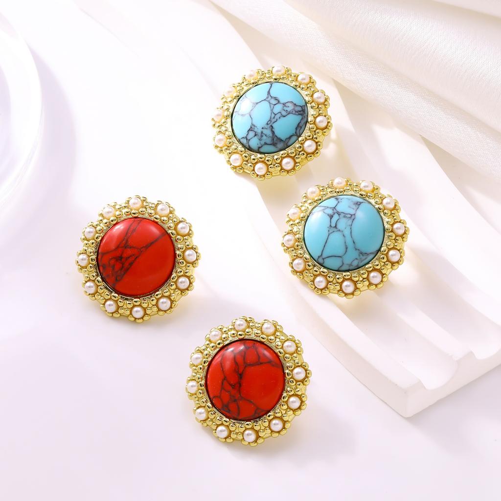Huibao Vintage Round Stud Earrings for Women Stainless Steel Gold Plated Turquoise Stone Imitation Pearl Beaded Earrings