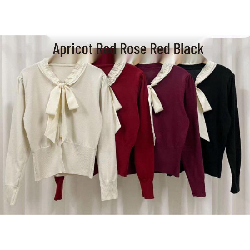 Elegant Bow Tie Lace-Up Long Sleeve Knit Cardigan for Women