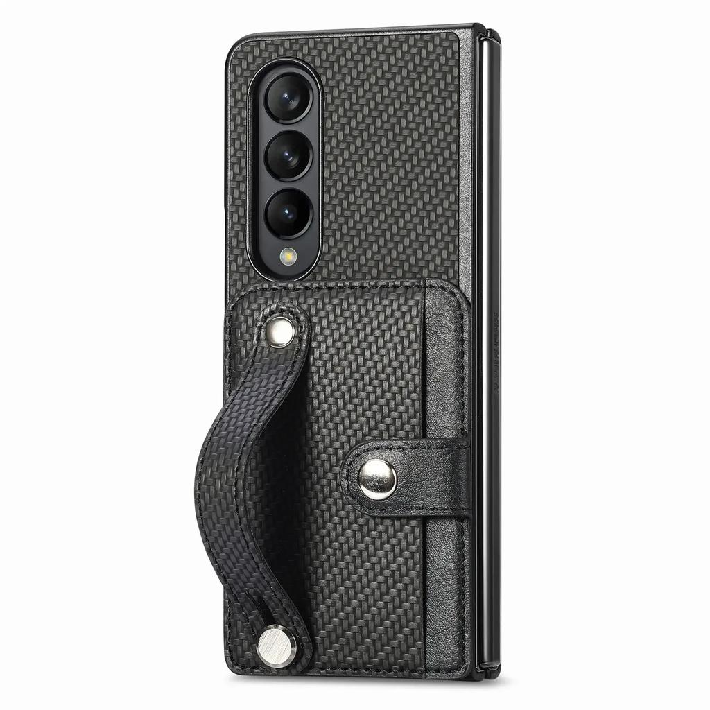 PU Wristband Carbon Fiber Leather Cover For Samsung Galaxy Z Fold 5 4 3 Fold4 Fold3 5G Wallet Cards Holder Kickstand Phone Case