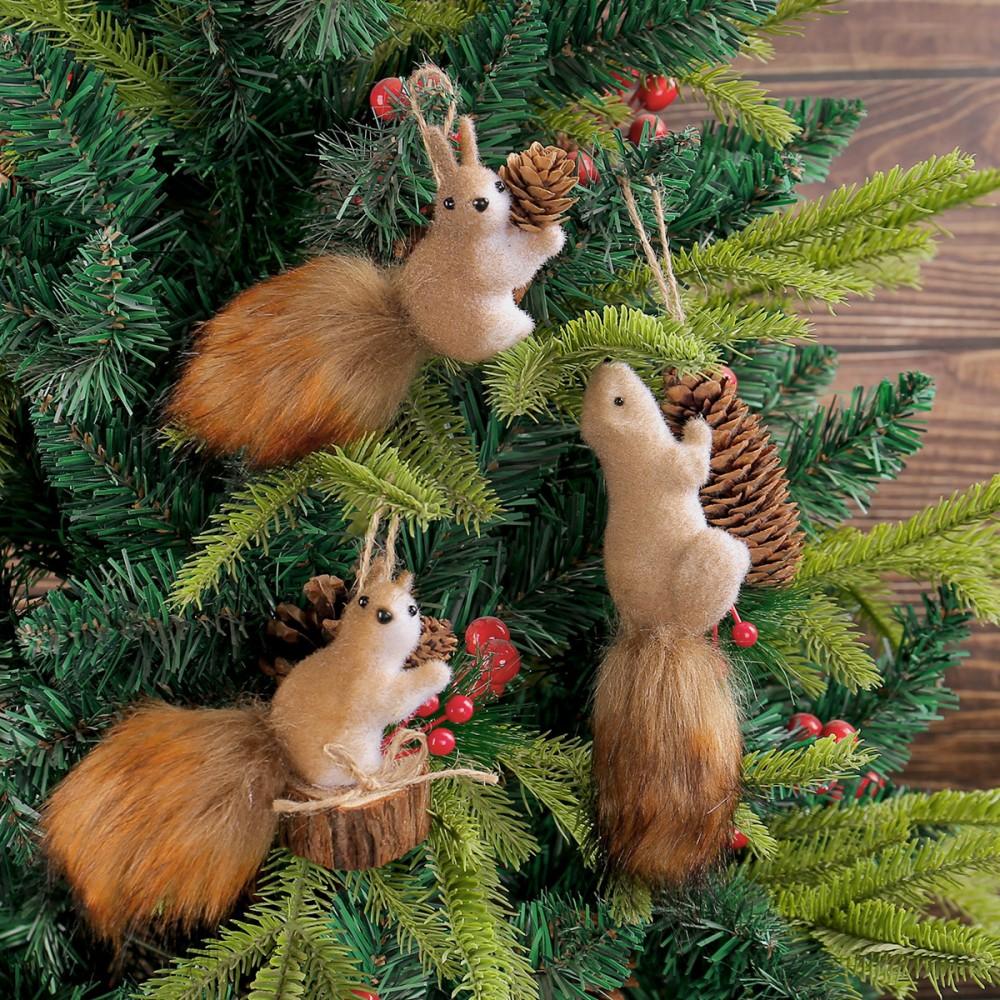Christmas Tree Squirrel Pendant Ornament Cute Hairy Christmas Tree 3d Hanging Decoration Artificial Red Birds Clip-On Xmas Decor