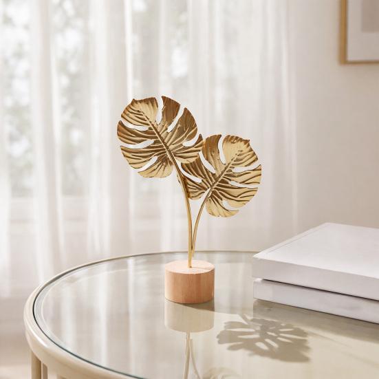 jijijing Metal Leaf Ornaments, Gold Palm Leaf, Ginkgo Feather Statue with Wood Base, Modern Desktop Sculpture for Living Room, Bookshelf, Office Desk