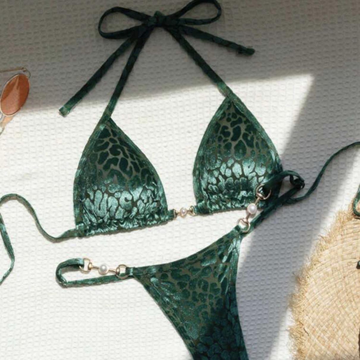 

2025 Pearl Leopard Print Sexy Thong Swimsuit Large