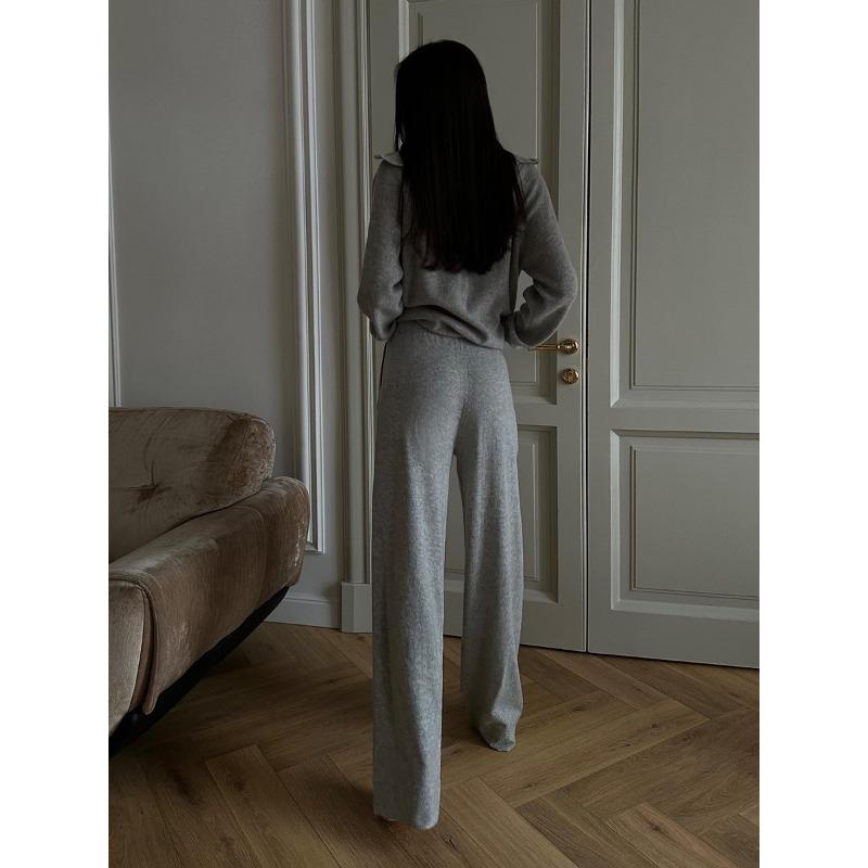 Womens Casual Knit Zip Cardigan Wide Leg Pants Two Piece Set