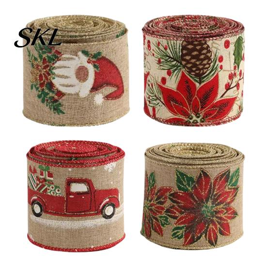 Linen Ribbon for Garland Making 1 Roll Burlap Christmas Gift Wrapping Tree Decor, Vintage Patterned Bows Imitation Wired Fabric DIY Crafts And