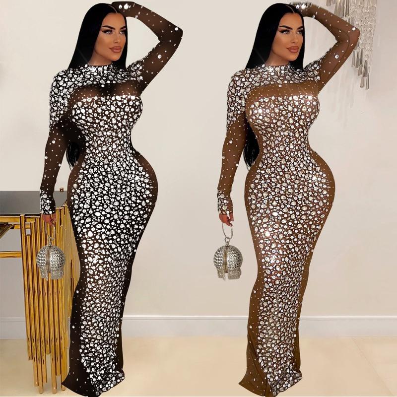 High Neck Long Sleeve Sheer Rhinestone Sexy Slim Fit Bodycon Dress Large абрикосовый