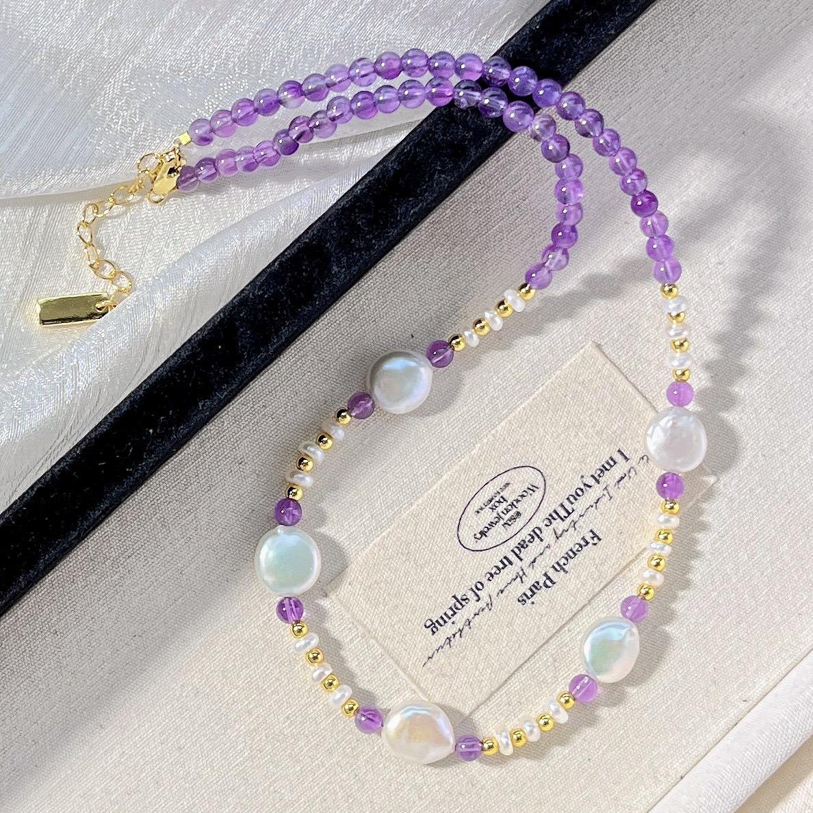 Vintage High Quality Natural Amethyst Freshwater Baroque Pearl Necklace Necklace Sweater Chain