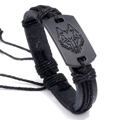 Punk Jewelry Men Multi -layer Woven Black Leather Wolf Head Bracelet 18cm&Fashion чёрный