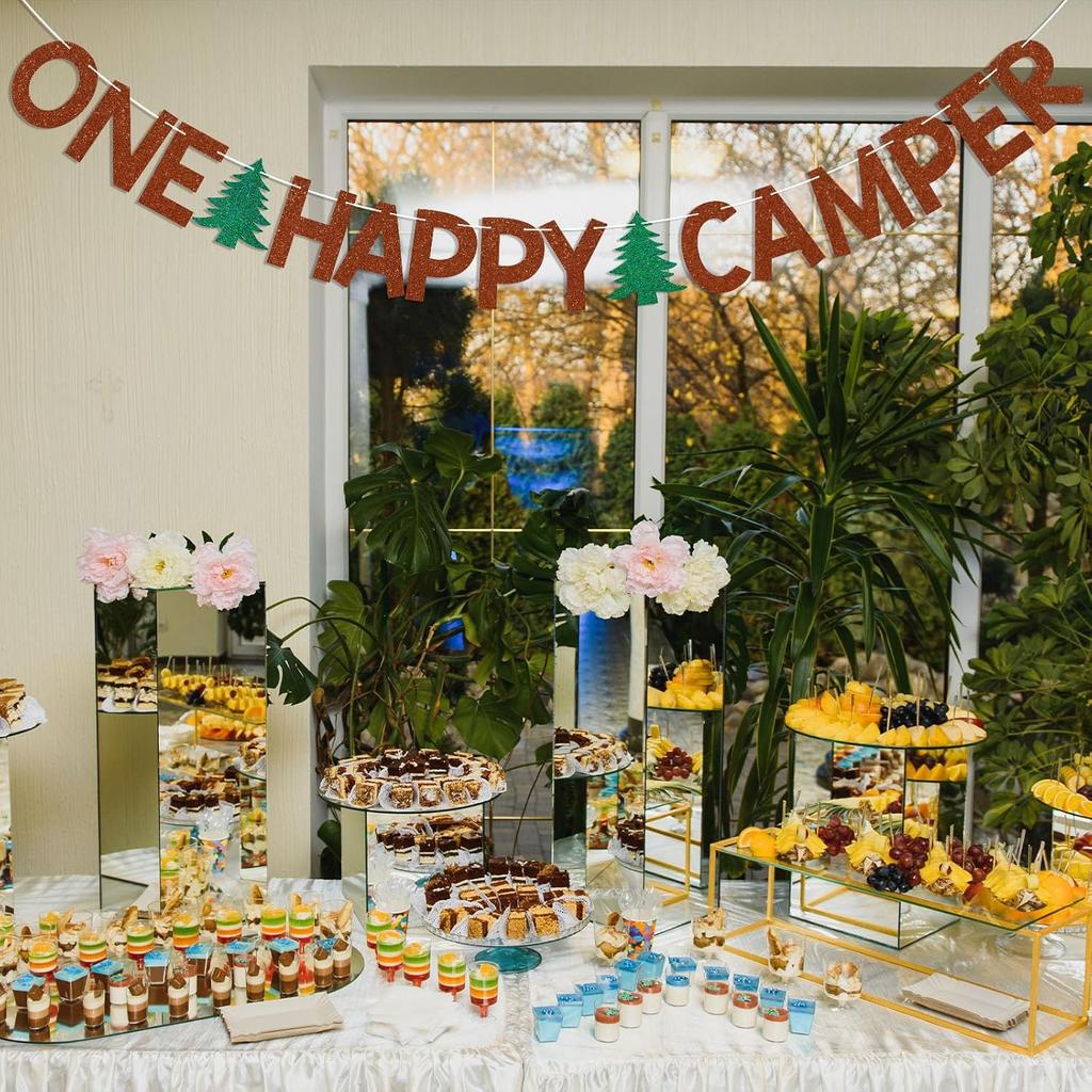 One Happy Camper Banner - Forest Safari Baby Shower Decor, Adventure Camping Party Decor, Camping 1st Birthday Party Decorations Brown Glitter