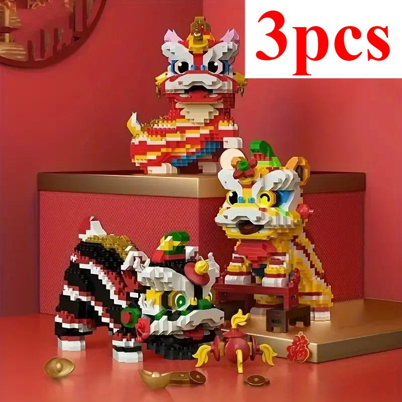 Creative Series Chinese Style Lion Dance Ornaments Toy, Creative Assembled Construction Blocks Small Particle Assembled Toys