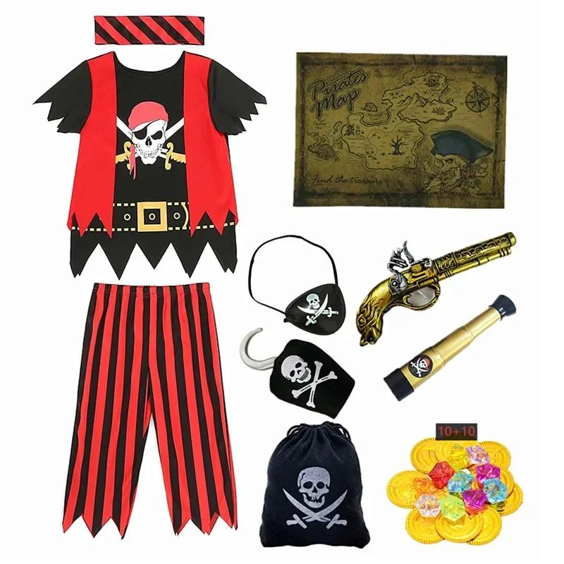 Kinderen Piraat Schedel Verkleedkostuum Bedrukt Gestreept Top Broek Set Anime Cartoon Kapitein Jack Halloween Cosplay Piraat Speelgoed Cadeau S(3-4Y) red