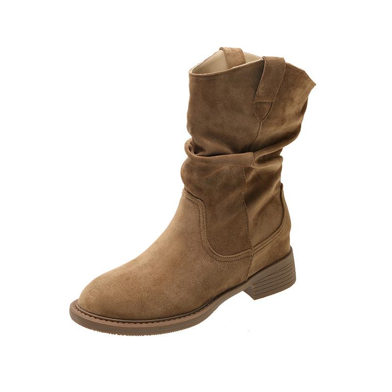 Retro Pleated Pile Boots Women's Thick Heel Short Boots 2025 New Autumn Martin Thin Boots V-mouth Thin Knight Boots