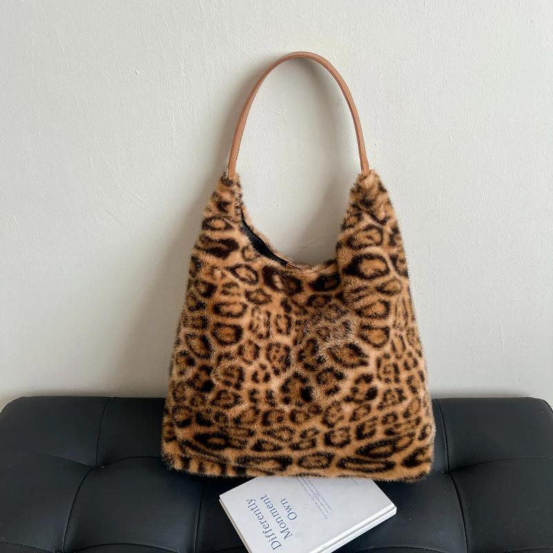 Retro Leopard Plush Shoulder Bags for Women High Capacity Girls Soft Faux Fur Hobo Handbag Winter Korean Style Underarm Bag Tote