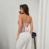 Women's Pink Floral Lace Corset Strapless Bustier Top Adjustable Lace-Up Back Waist Cincher for Party Clubwear