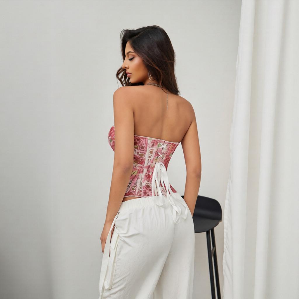 Women's Pink Floral Lace Corset Strapless Bustier Top Adjustable Lace-Up Back Waist Cincher for Party Clubwear
