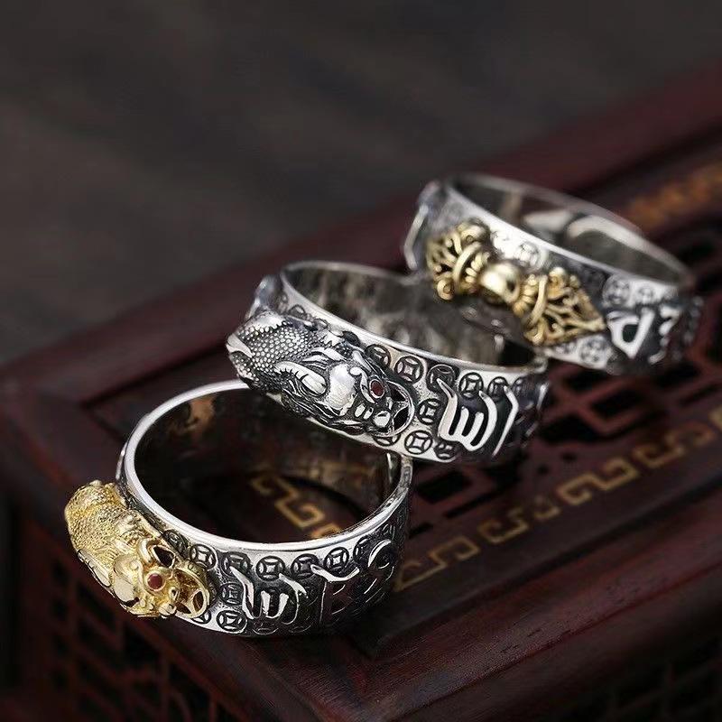 Retro Thai Silver Pixiu Men's Mantra Ring - Hip-Hop Fashion Open Ring