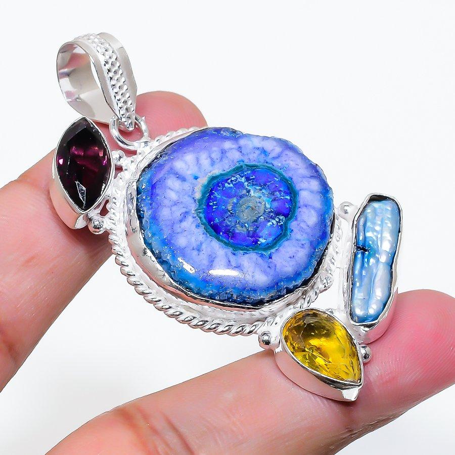 Natural Blue Solar Quartz 925 Sterling Silver Jewelry Pendant 2.44" AP-16271