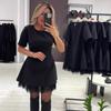 Women's Brown Polka Dot Dress with Black Tulle Hem, Short Sleeve