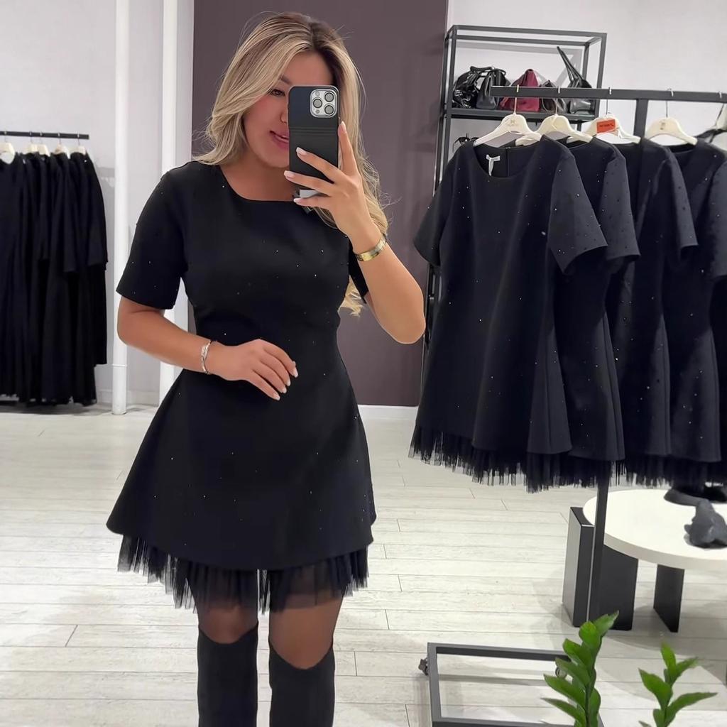Women's Brown Polka Dot Dress with Black Tulle Hem, Short Sleeve